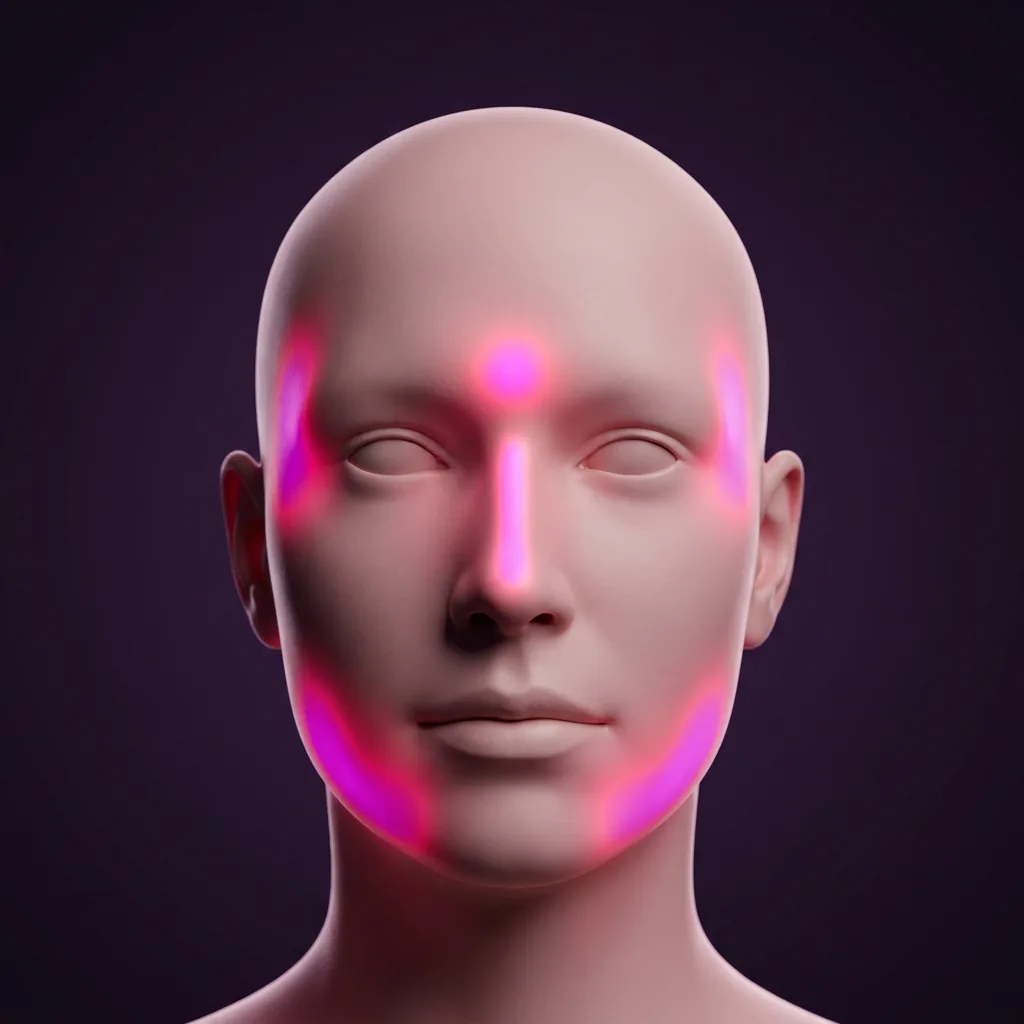 Modelo anatômico da face com as quatro zonas de altíssimo risco destacadas: glabela, dorso nasal, têmporas e região do jowl