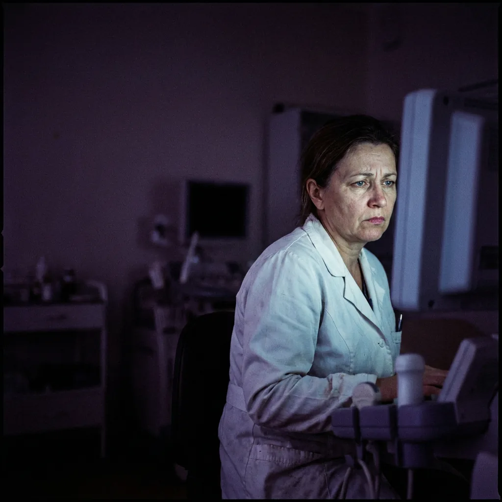 Médica observando a tela do aparelho de ultrassom em uma sala de exame com pouca luz