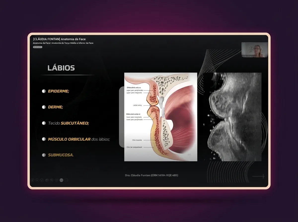 Slide do módulo 3 sobre as camadas do lábio, com ilustração anatômica e ultrassom