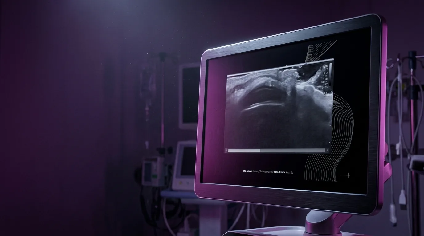 Monitor de ultrassom exibindo uma imagem de anatomia da face em sala de exame