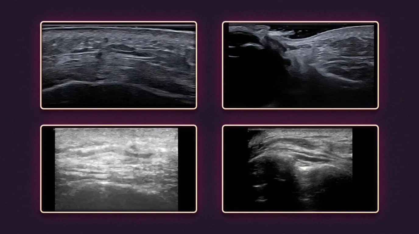 Quatro imagens de ultrassom da face lado a lado, mostrando estruturas diferentes