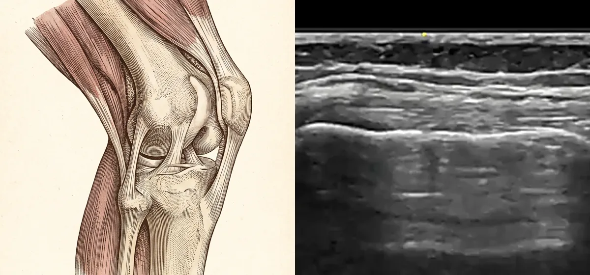 Desenho de atlas de anatomia do joelho ao lado da imagem real de ultrassom do mesmo joelho
